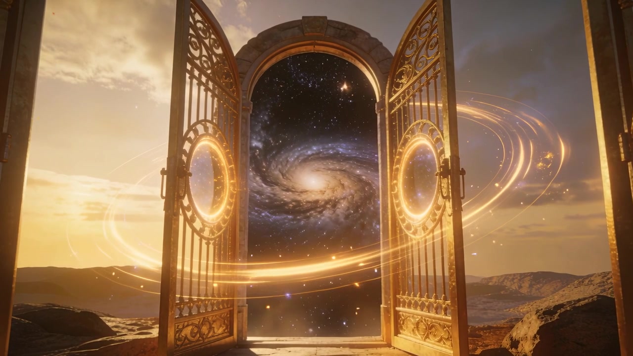装飾された両開きの扉が起動し、岩だらけの平原に星の渦が現れる。金色の輪がゲートウェイを開いている。