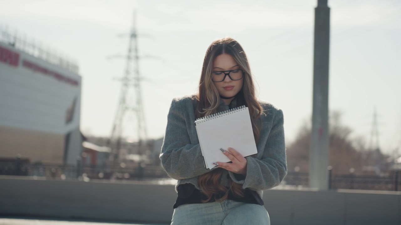 Woman examines designs. Creative individual studies sketches with focused attention amidst city backdrop. Arts enthusiast analyzes and revises sketches while standing in urban environment background