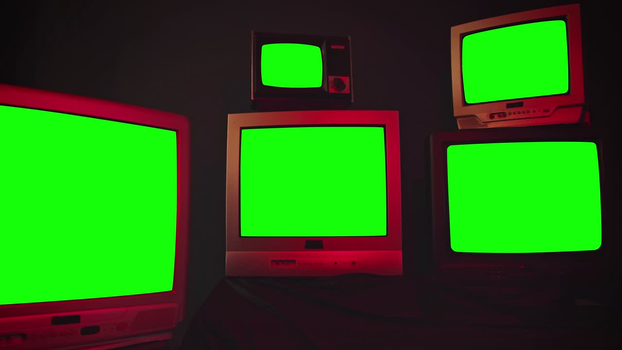 오래된 레트로 컬러 tv 세트 여러 녹색 스크린 레트로 빈티지 tv