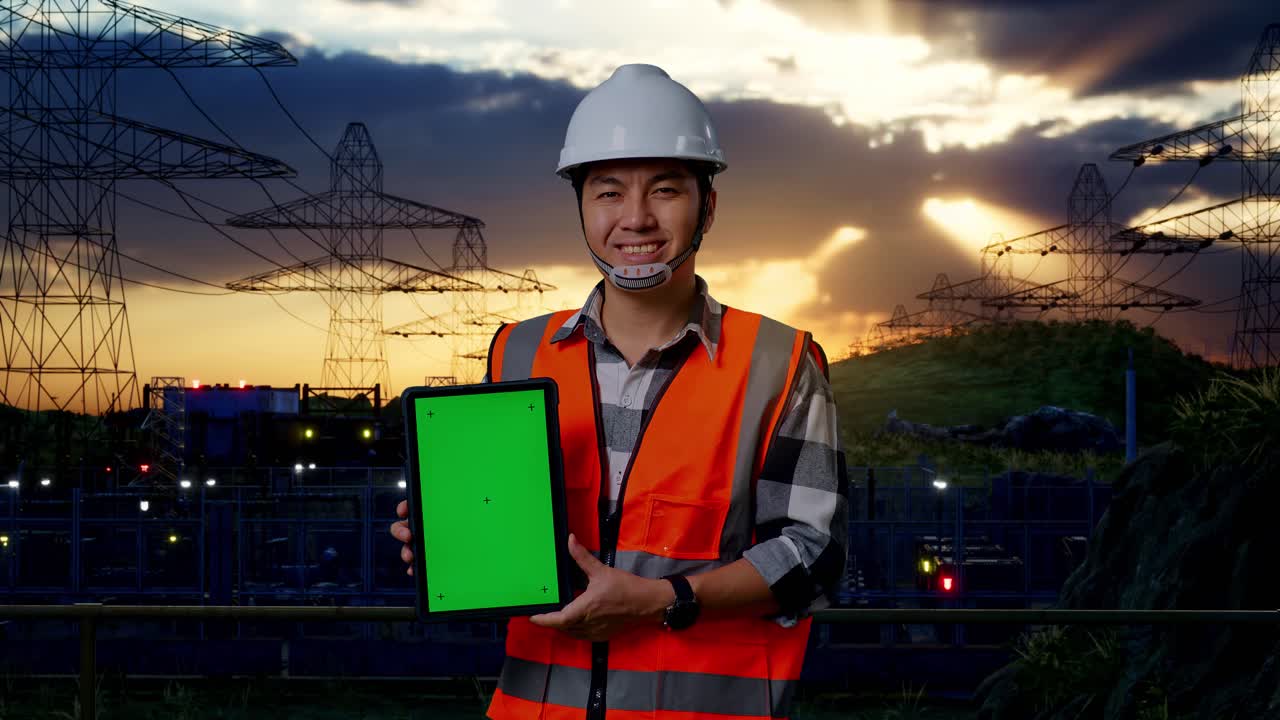 ingeniero masculino asiático con casco de seguridad sonriendo y mostrando la tableta de pantalla verde a la cámara mientras está de pie cerca de la torre de alto voltaje