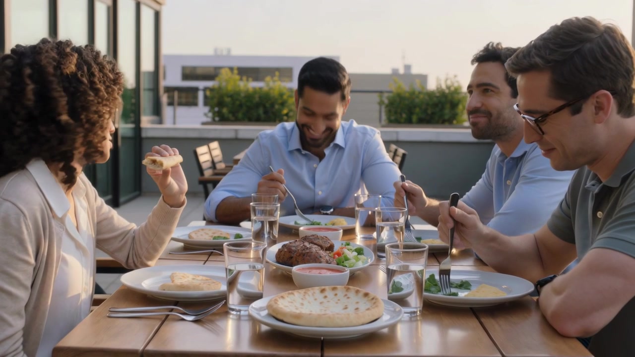 Talking woman holding bread and friends sharing rooftop meal, socializing and serving salad