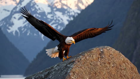 majestic bald eagle landing on a rock in a mountainous landscape