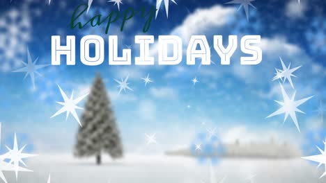 Animation-of-stars-and-happy-holiday-text-banner-against-christmas-tree-on-winter-landscape