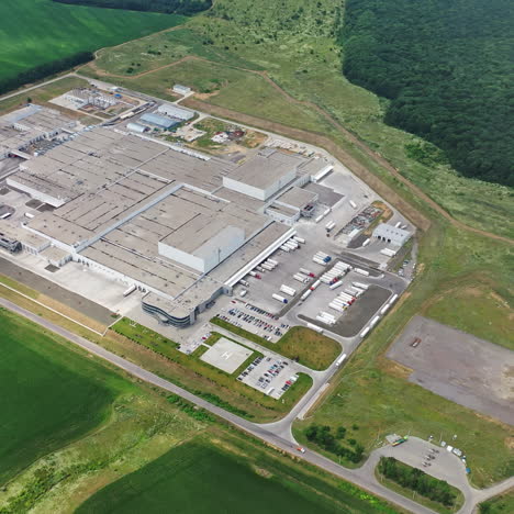 aerial view of industrial poultry house in the country. modern factory exterior.