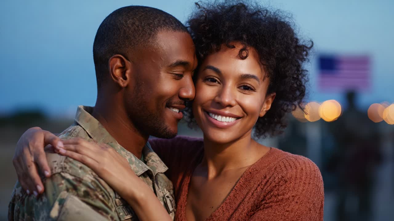 A Heartwarming Reunion: A Lovingly Embraced Couple Captures the Essence of Bonding and Connection Amidst The Beauty of a Dusk Setting with an American Flag in the Background