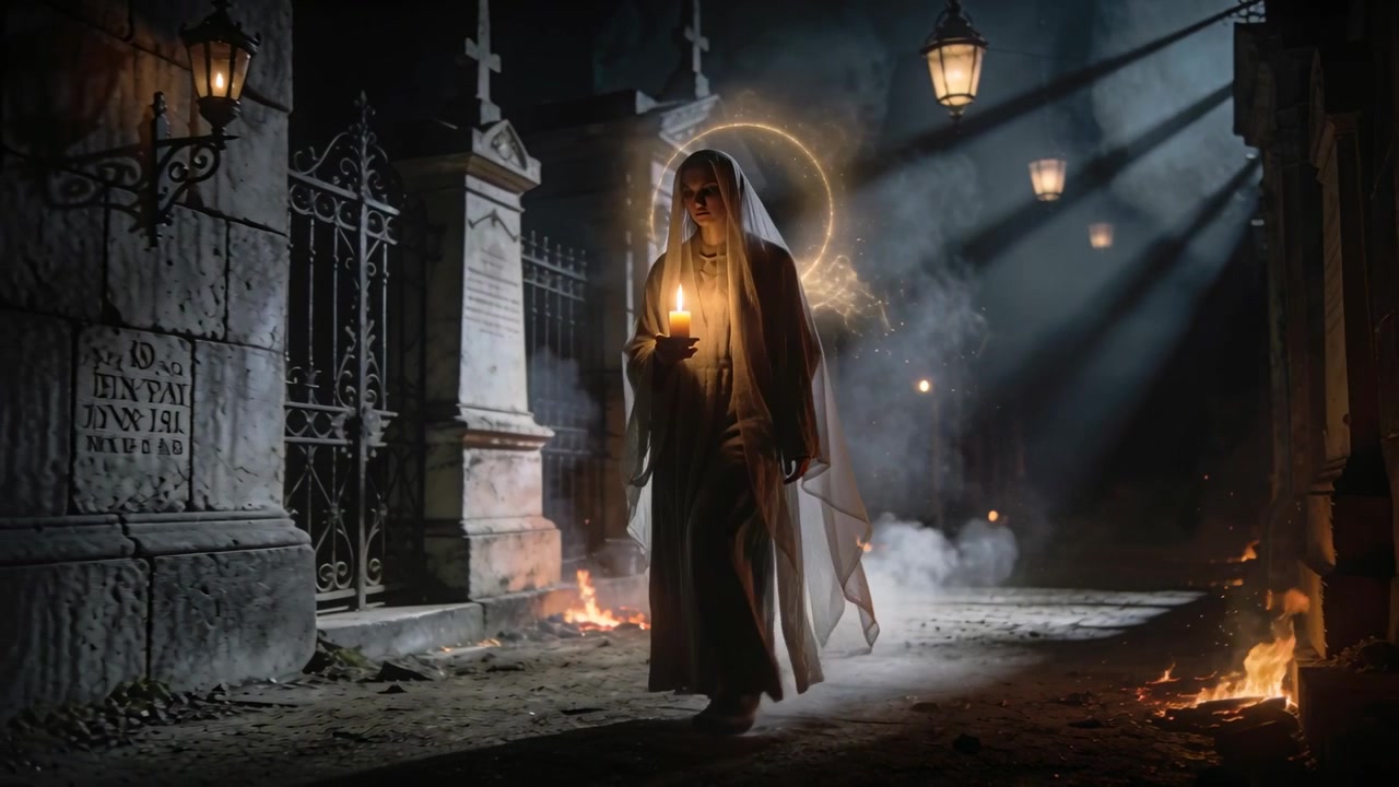 Kráčející ženská postava v rouchu drží zapálenou svíci, pohybuje se úzkou pohřební chodbou a provádí rituál.