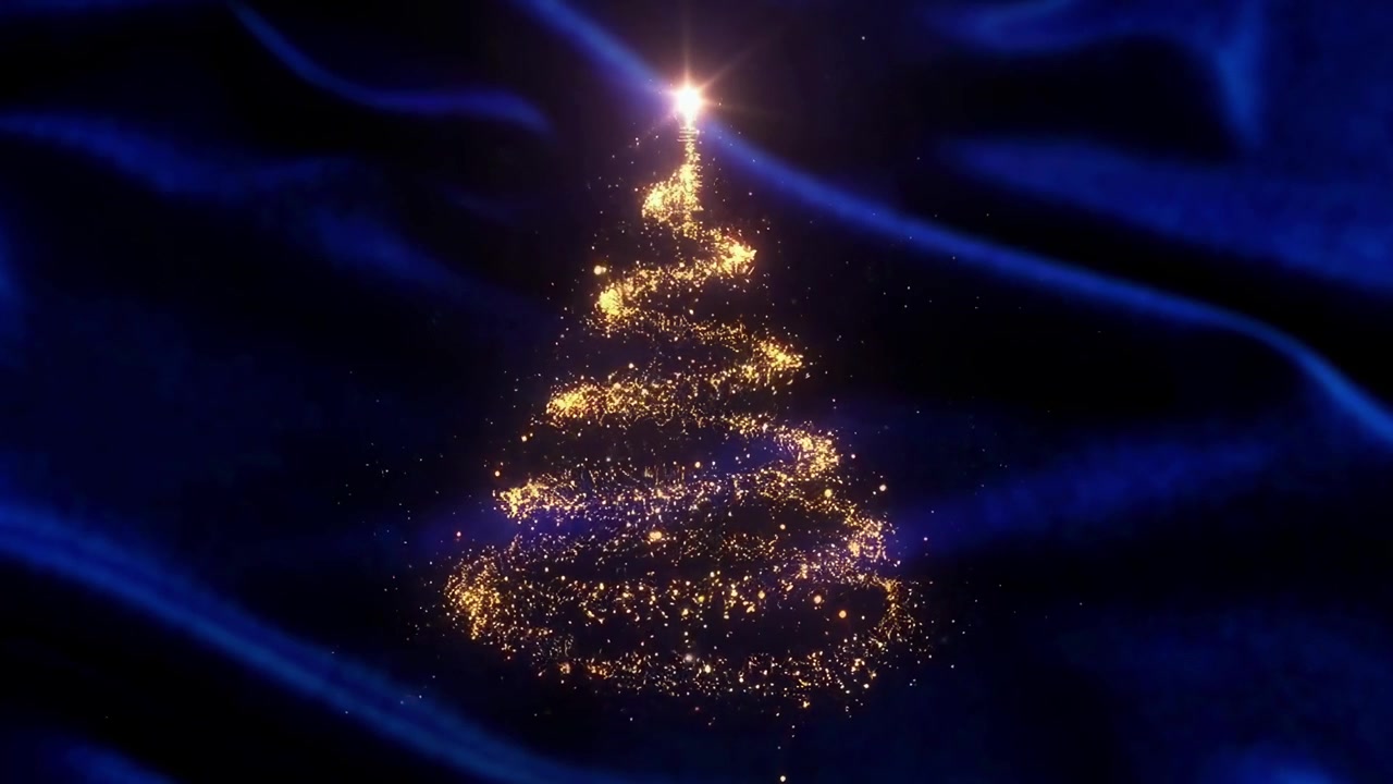 Albero di Natale Dorato Luminoso Fatto di Particelle su Sfondo di Seta Blu