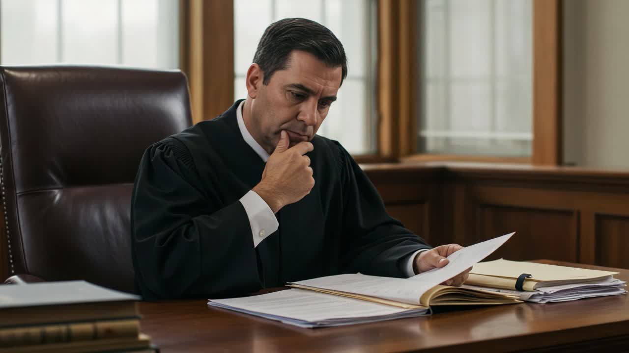 A Thoughtful Judge Reflects on Case Materials in a Courtroom Setting, Analyzing Documents While Considering Legal Implications and Justice