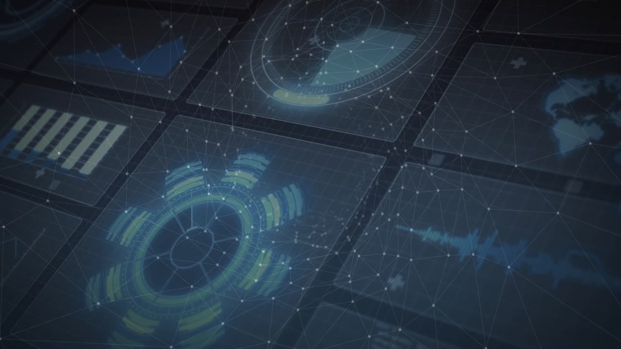 Faint grid powering on, rotating circular HUD lower left cycling while panels pulsing for live data