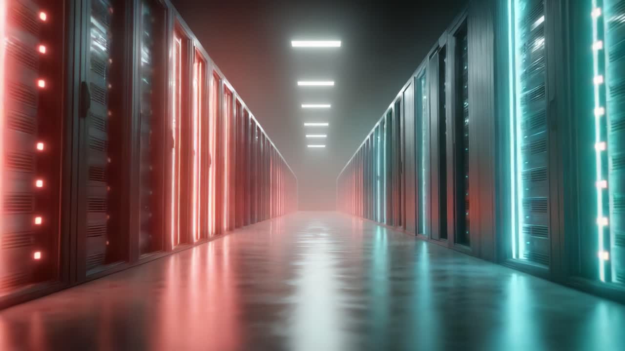 Et fantastisk perspektiv af en moderne datacentergang, der viser rækker af serverrack badet i elegant rød og blå stemningsbelysning med en mystisk tåge, der forbedrer den højteknologiske atmosfære