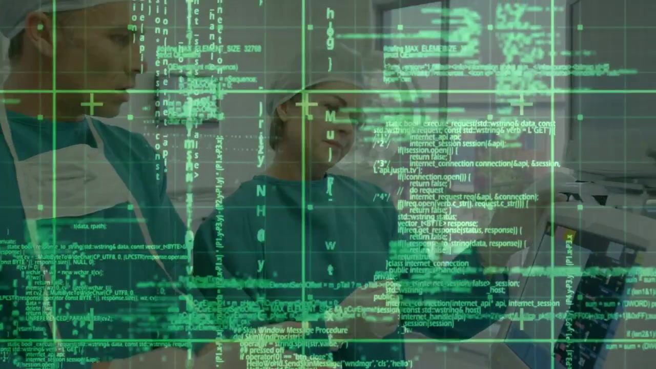 Male clinician approaching and touching screen, medical staff checking vitals under green overlay