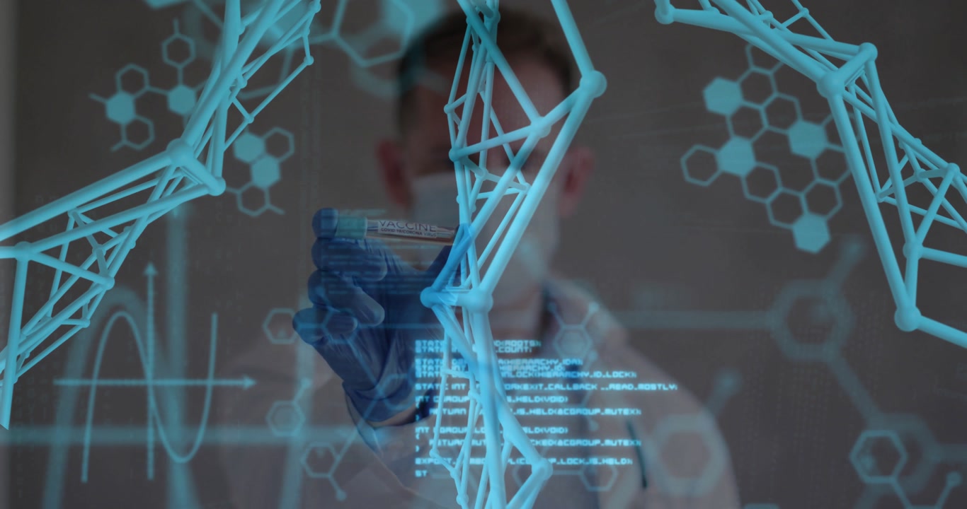 Raising hand male scientist tapping molecular hologram rotating and holding vial for tech analysis