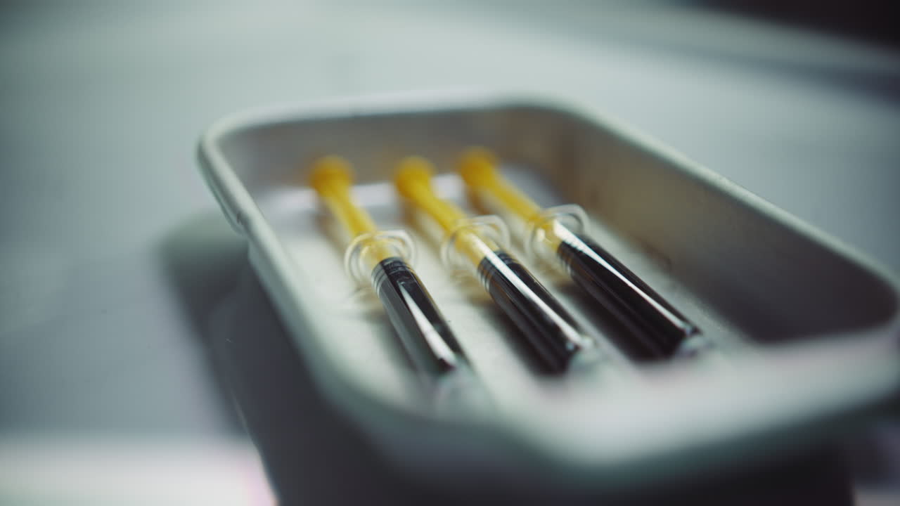 Syringes with a dark liquid on a medical tray