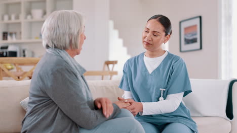 home, caregiver and senior woman on sofa for care