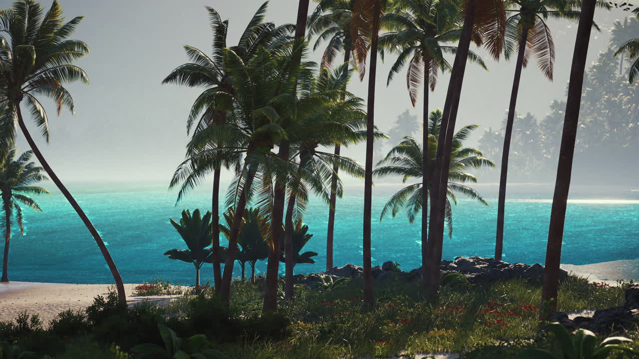 Tranquil tropical beach with palms and turquoise water during the day