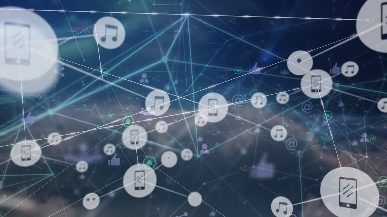 음악과 미디어 아이콘의 성장하는 네트워크의 애니메이션이 움직이는 구름을 통해 데이터를 전송합니다.