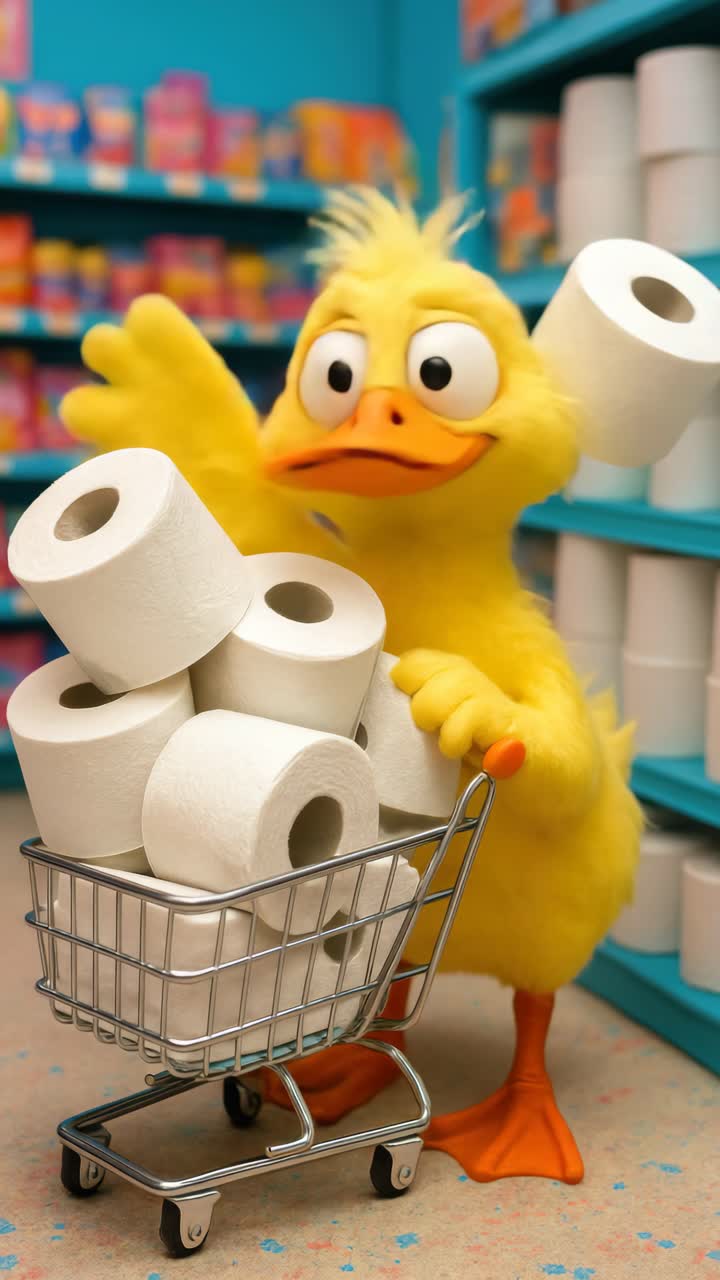 A playful video concept featuring a cartoon duck with a shopping cart full of toilet paper rolls