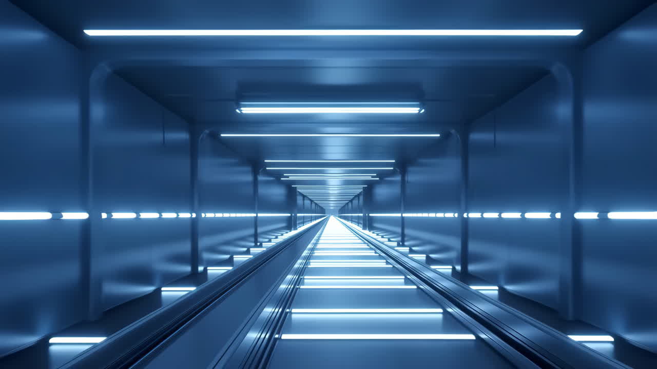 Loop continuo di un moderno tunnel futuristico con luci blu.