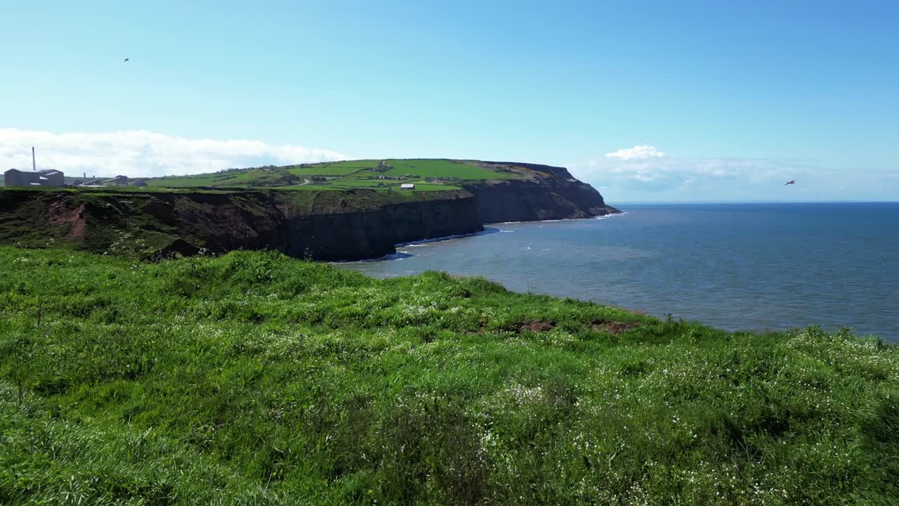 dramático vuelo bajo revela sobre acantilados caer para ver el agua del océano por debajo y texturas altos acantilados en la costa de north yorkshire con pájaros volando alrededor y olas estrellándose en un día soleado de primavera