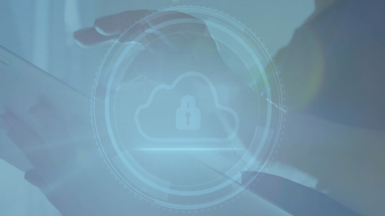 Interacting with tablet, hands featuring cloud security lock animation overlay