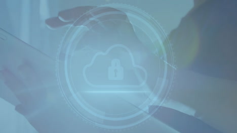 interacting with tablet, hands featuring cloud security lock animation overlay