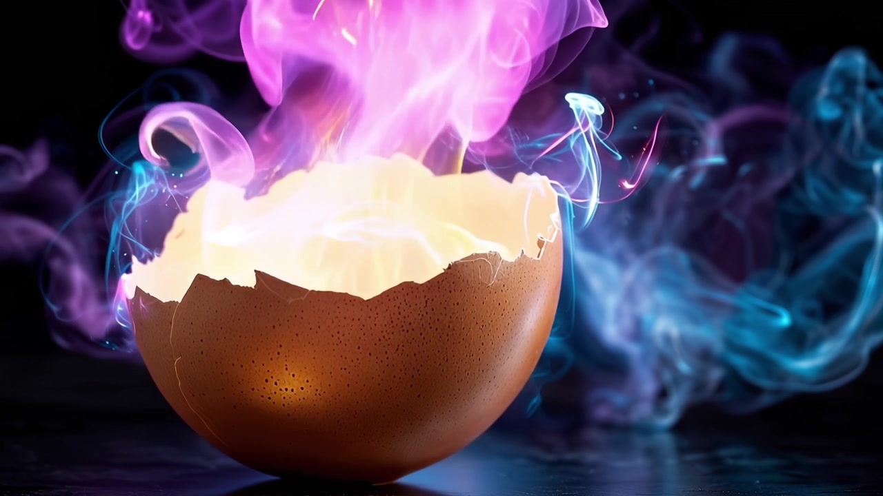 Guscio d'uovo incrinato con luce magica luminescente e fumo colorato
