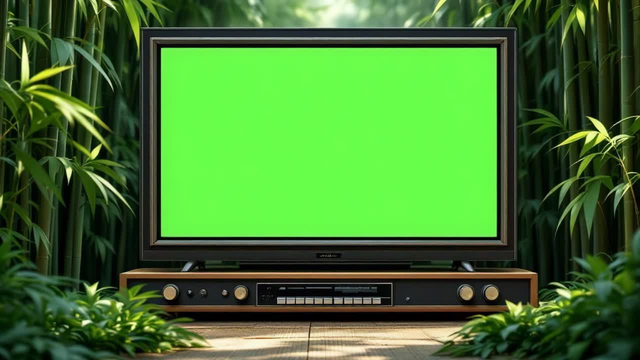 Old television with green chroma key screen placed on wooden stand in a bamboo forest, ideal for displaying video content