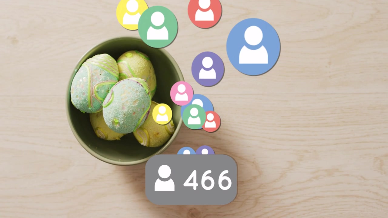 Avatar icons appearing then streaming upward by green bowl, badge updating to show follower growth