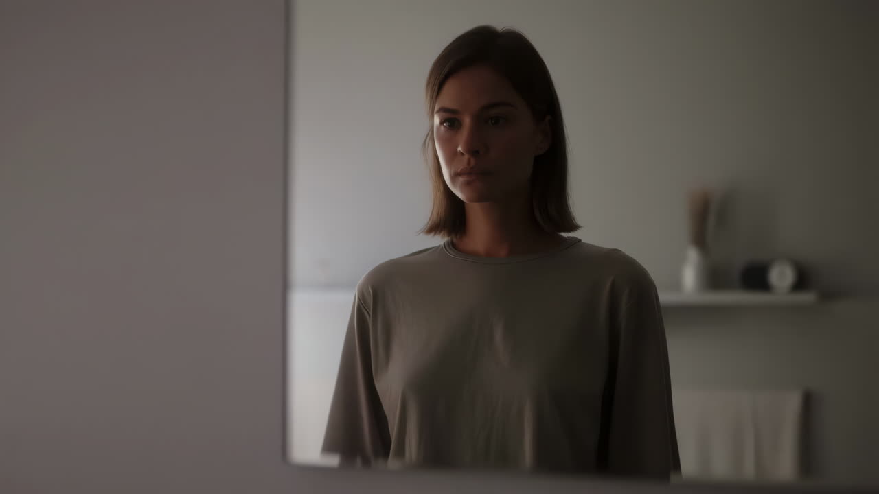 Woman looking in mirror under changing light