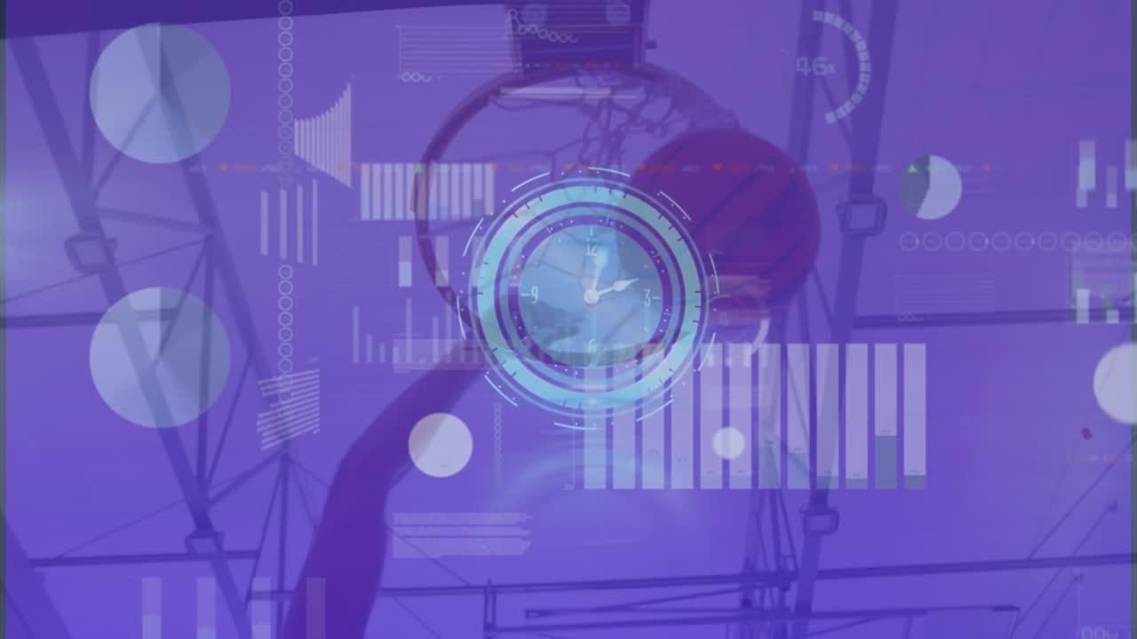 Animation of clock and statistics and data processing over basketball player