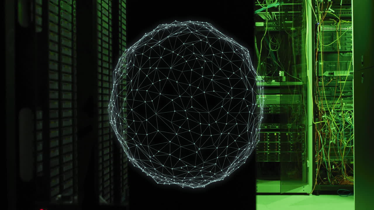 Geometric network sphere animation over server room with green lighting