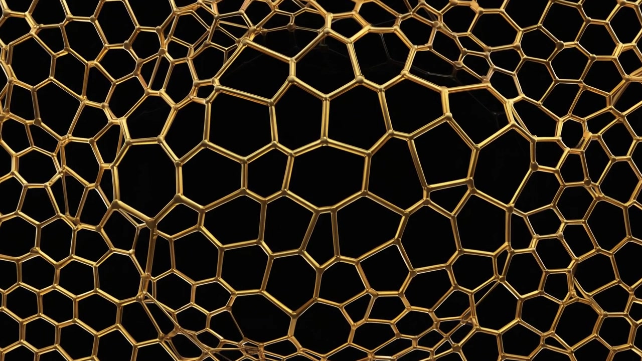 Abstrakt gyldent geometrisk mesh pulserende på sort baggrund