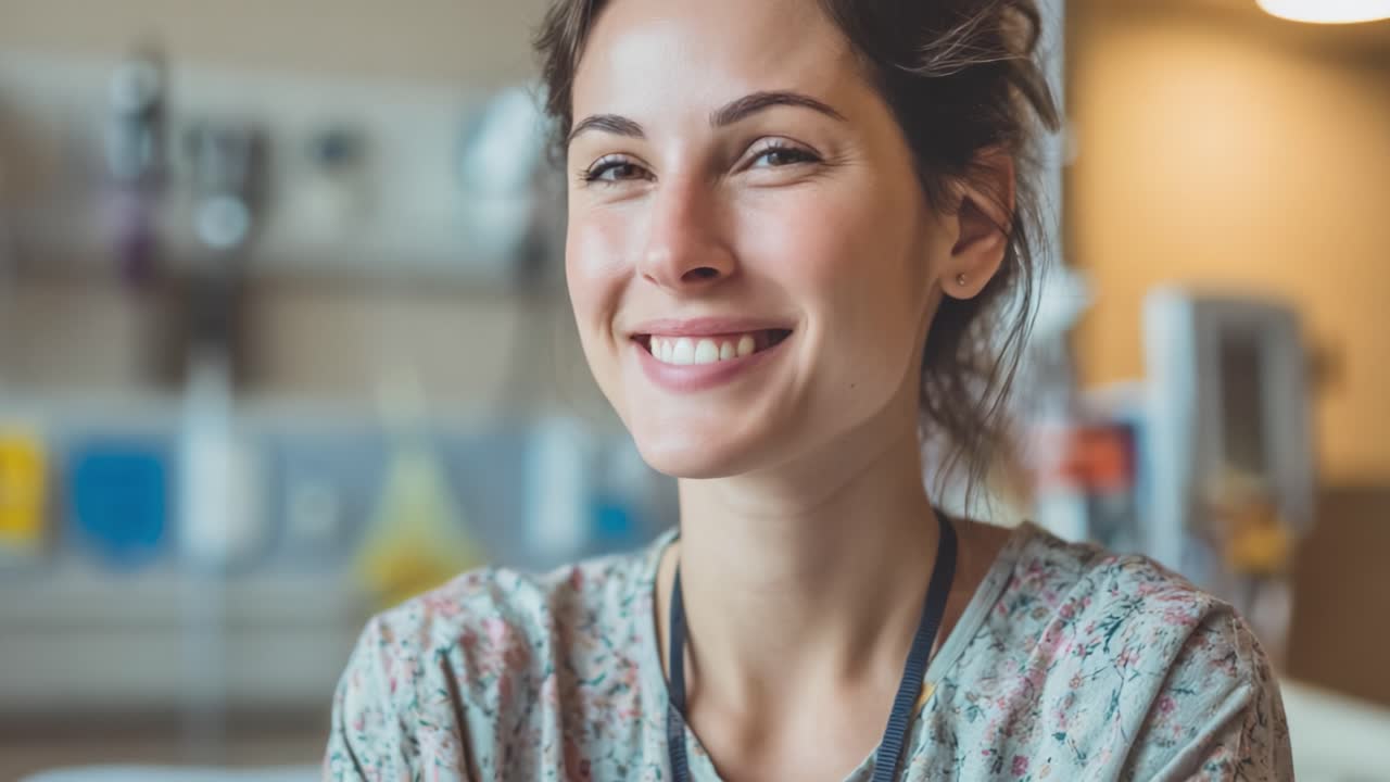 Una mujer joven con una sonrisa radiante muestra alegría y calidez genuinas, destacando la importancia de la interacción positiva en un entorno de cuidado.