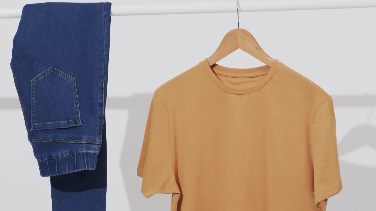 Video of denim trousers and yellow t shirt on hanger and copy space on white background