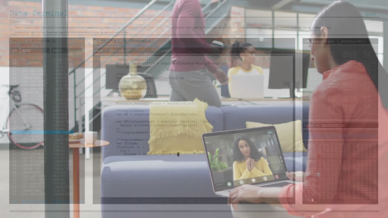 male colleague sitting on sofa using laptop in business lounge, showing floating chart overlays