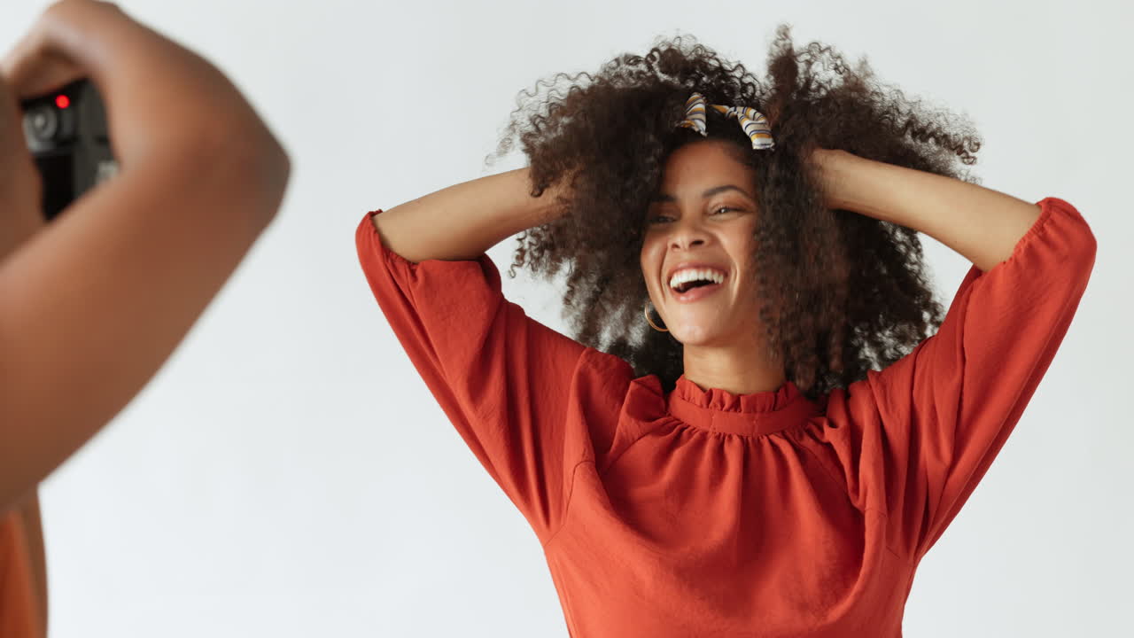 Happy model, photographer or photography
