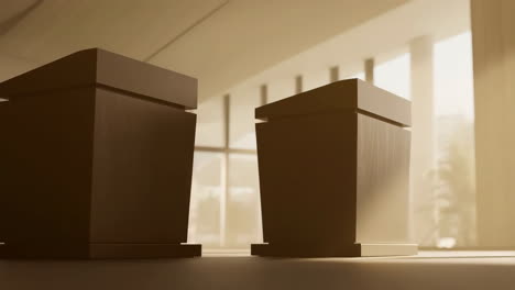 two empty podiums or lecterns in a bright room