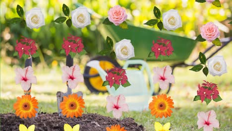 animation of rows of matching flower heads moving in unison over wheelbarrow and garden background