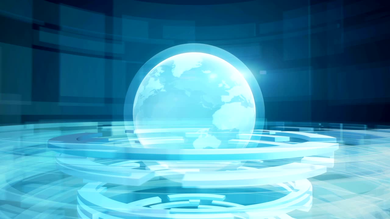 추상적인 디지털 루프 모션 배경은 회전하는 지구 지구와 원형 기하학적 모양을 가지고 있습니다.