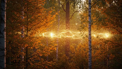 a magical transformation: enchanting glimmer of light tracing through an autumn forest, illuminating nature's beauty with a mysterious glow