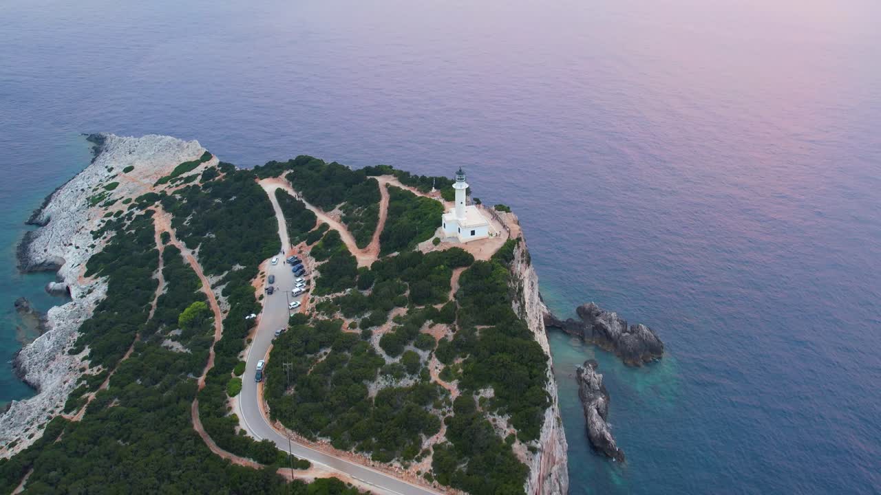 Aerial Overhead View Of Douk&aacute;to Lighthouse On Lefkada Island Surrounded By Calm Sea Waters