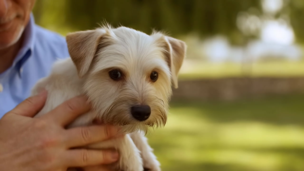 Senior Man Cuddling Terrier Puppy In Park, Warm Sunlight And Gentle Hands Stroking Soft Fur, Small White Dog
