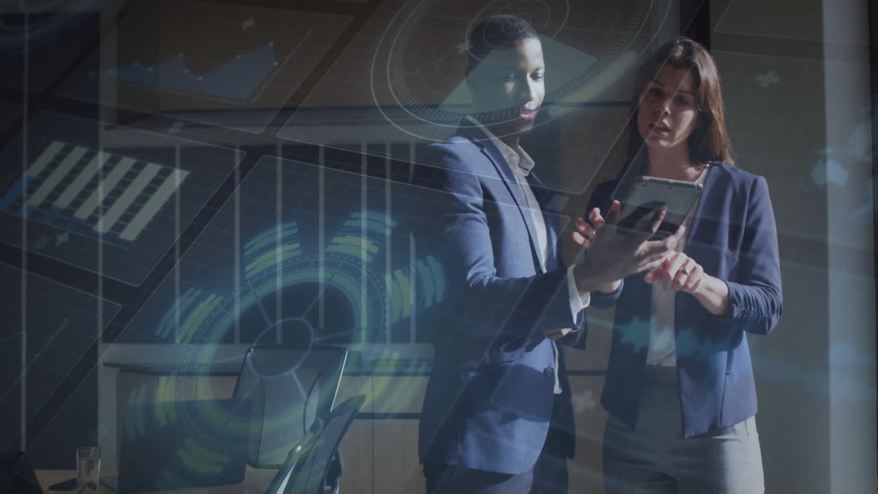 Business colleagues presenting data in office, interacting with holographic charts and tablet