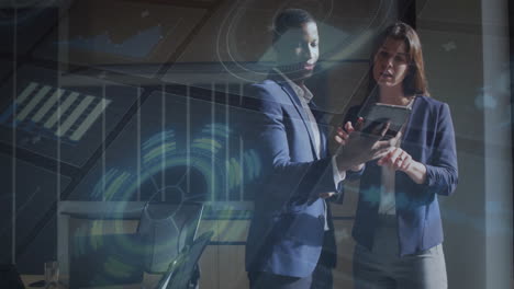 business colleagues presenting data in office, interacting with holographic charts and tablet