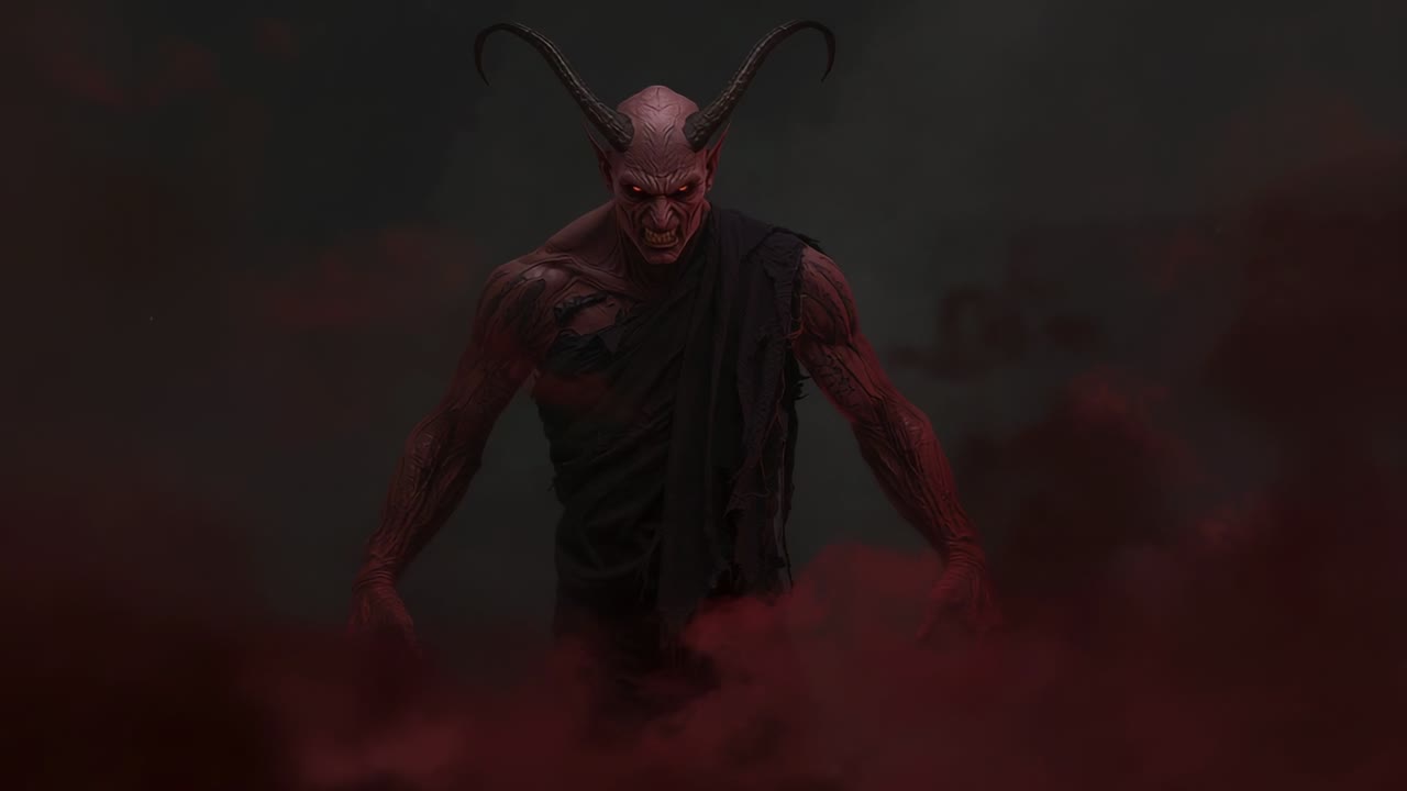 Swirling red mist summoning demonic humanoid emerging in gray void, with curved horns, torn cloth