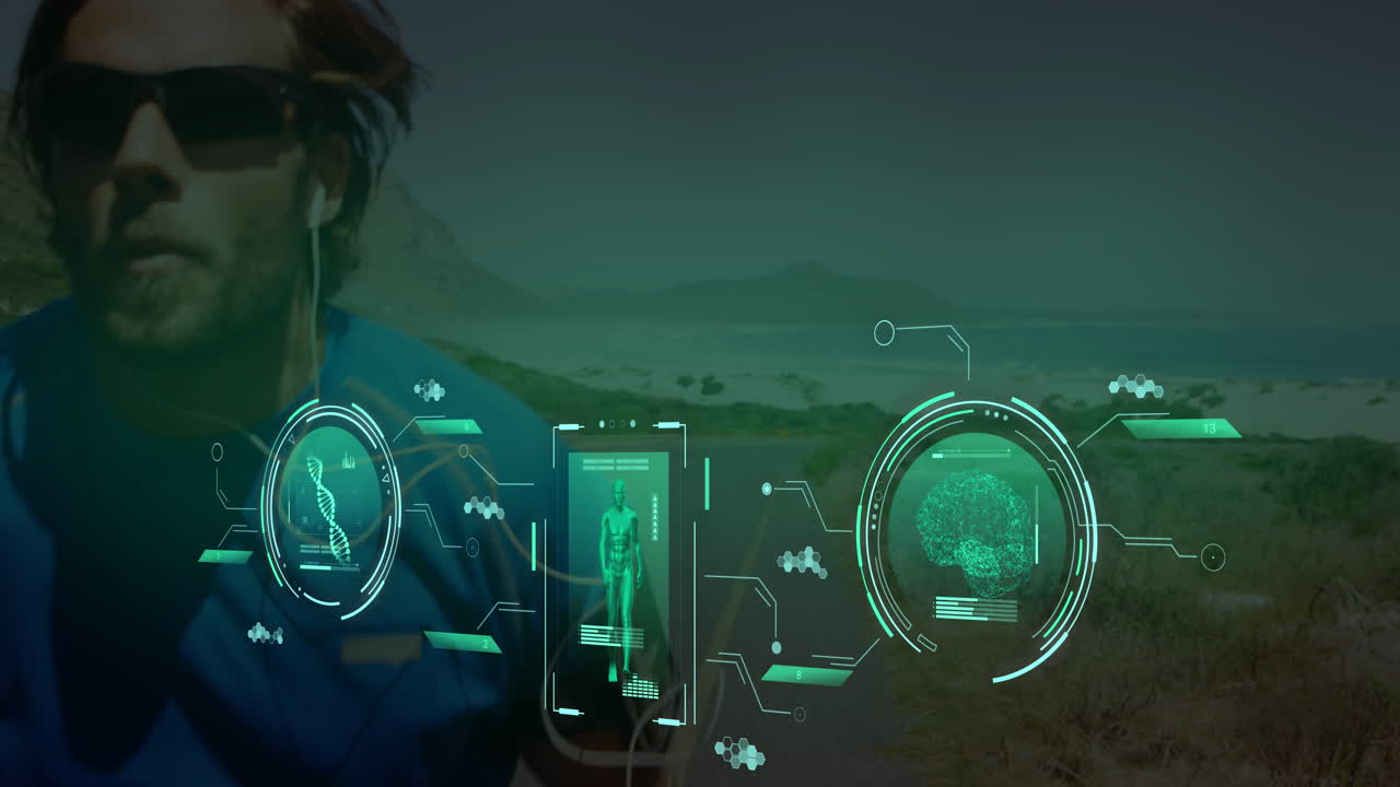 animación del procesamiento de datos sobre el hombre caucásico corriendo.