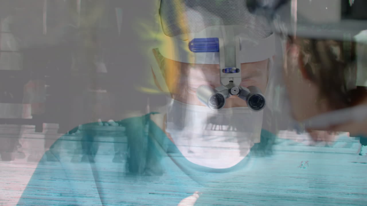 수술 중 백인 남성 외과 의사 위에 걸어다니는 사람들과 함께 타임 스 애니메이션