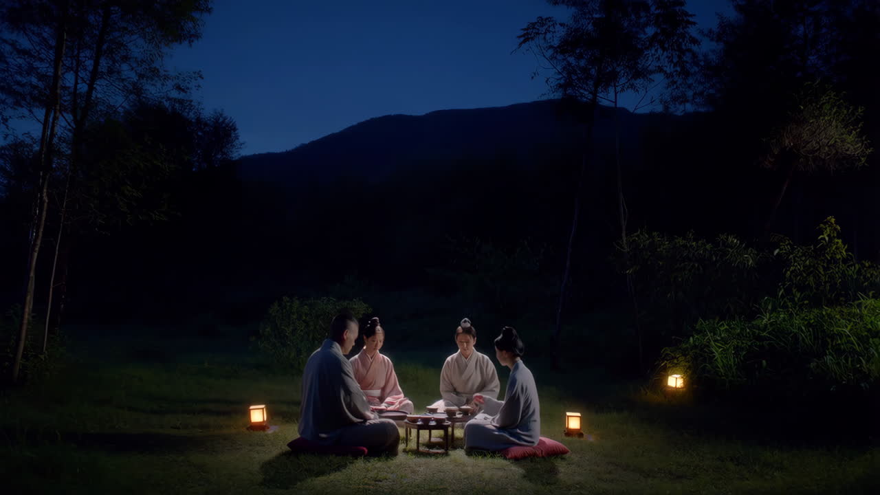 Four people in traditional attire having an outdoor gathering at night