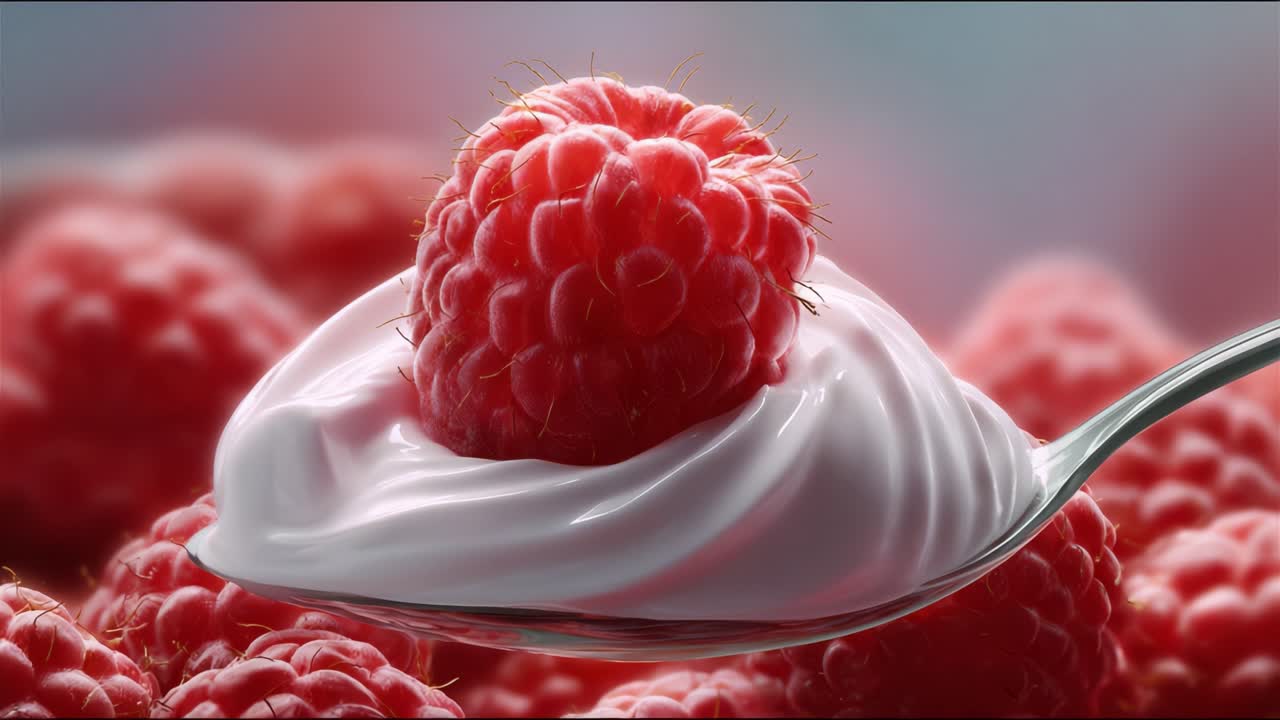 Delicious spoonful of whipped cream topped with a fresh raspberry, surrounded by vibrant raspberry fruits, creating a visually appealing dessert scene