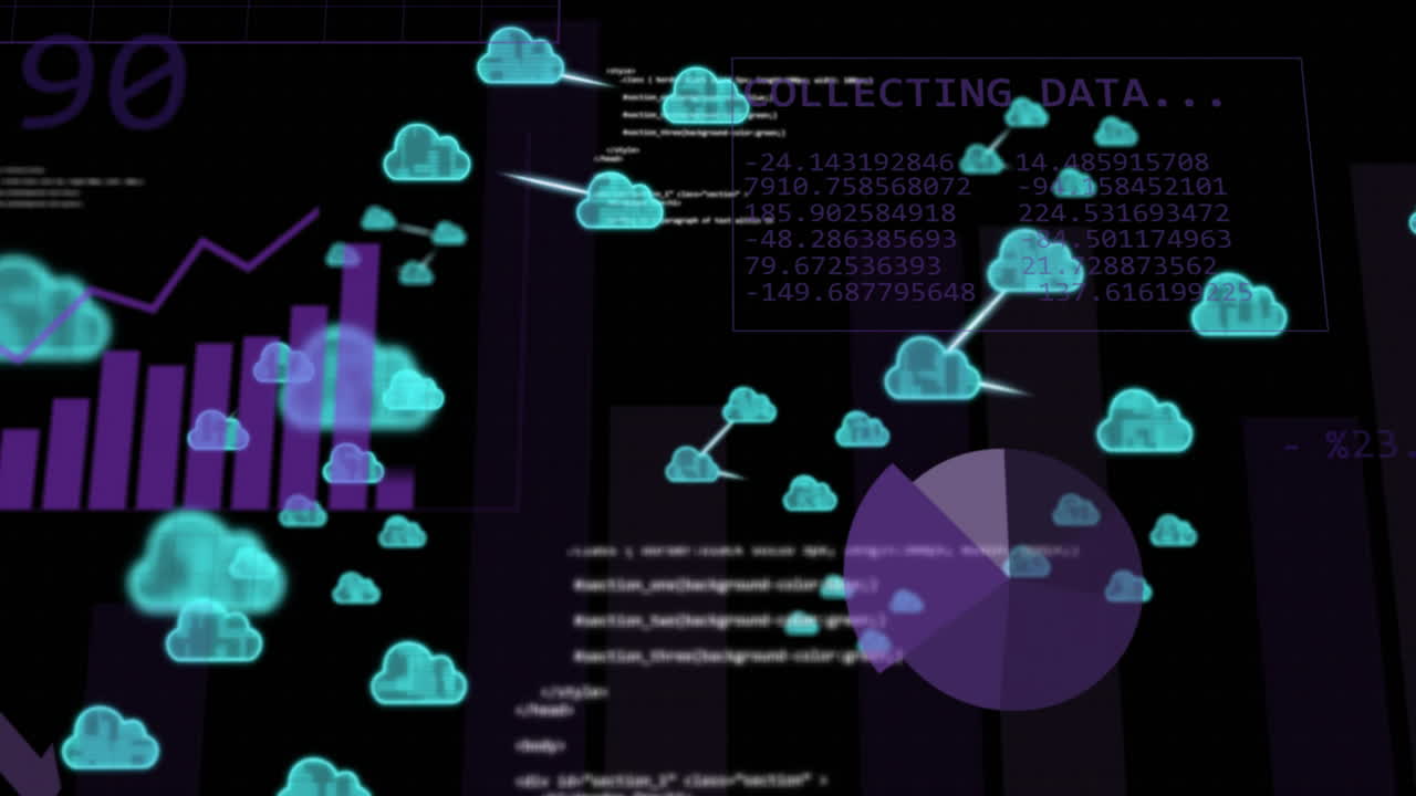 Animation of charts and processing data with network of blue cloud icons on black background